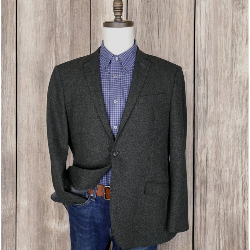 Pronto Uomo Sport Coat Blazer Two Button Herringbone Gray Wool Blend Mens LARGE